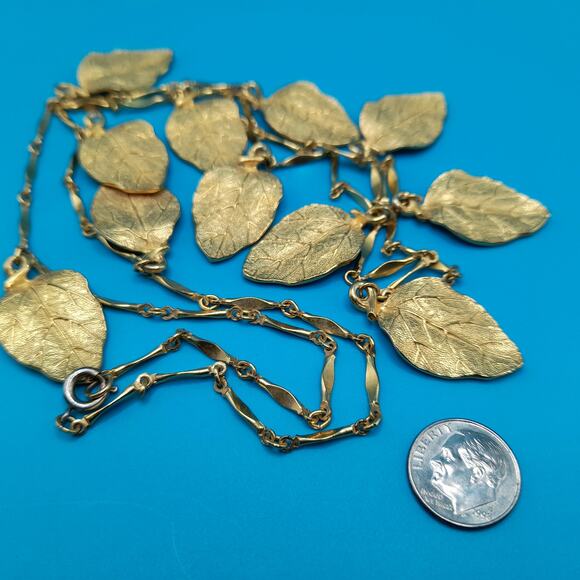 Vintage Dangling Leaves Long Chain Necklace, 29", 1960s Jewelry - Picture 13 of 15